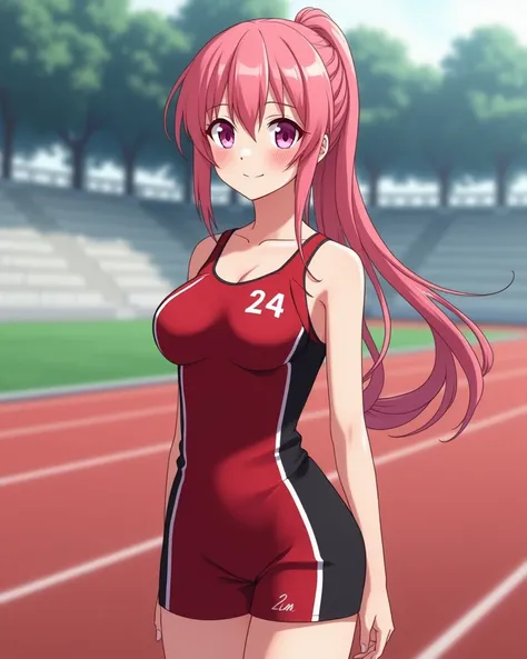 ultra quality photo, ((24 years old tall anime woman in a red and black field and track uniform)), dean, (narrow hips), 1 girl, blushing, masterpiece, best quality, absurd, award winning photo, extreme detail, extremely intricate, large breasts, detailed f...