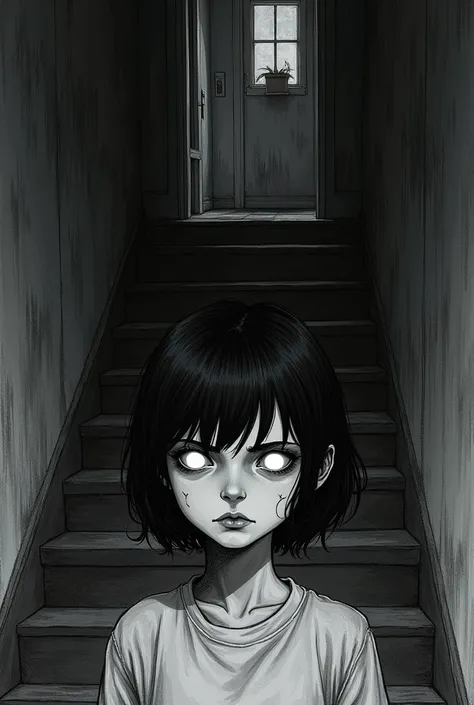  Create the cover of a comic inspired by a girl with short and dark hair of about  and a scary face,  a dark entity and white eyes and some stairs to the second floor to the girls room , Let it be black and white and in drawing style  