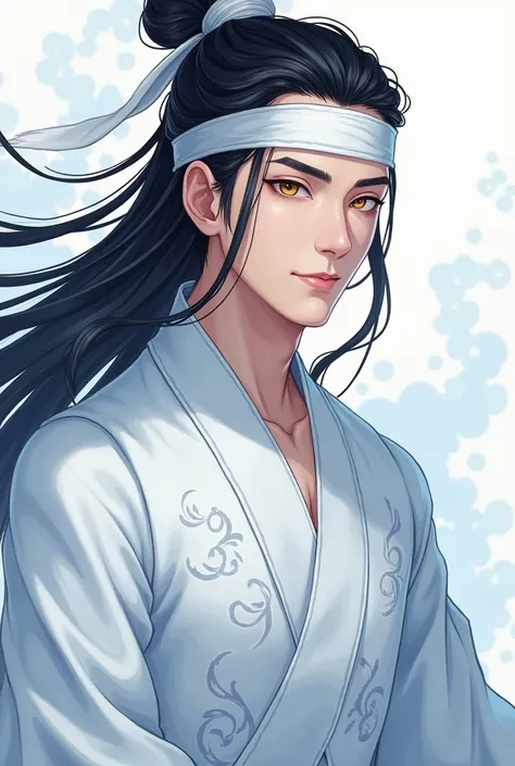 Lan Wangji. A man with dark long hair, sharp masculine face features and a white forehead ribbon. He wears white robes with light blue patterns and clouds on it, and has golden eyes. He doesnt smile.