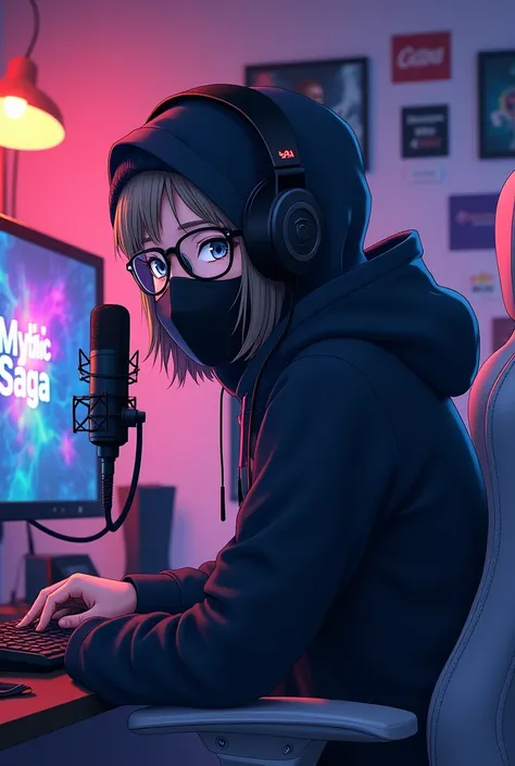 A person in gaming room with eyeglasses in BLACK hoodi face, mask, beanie hat, rode podMic Bm 800, seeing to the camera, , and telling story ,white gaming chair, seeing seriously with ice and vibrant colors. At his background are "MYTHIC SAGA" design on th...