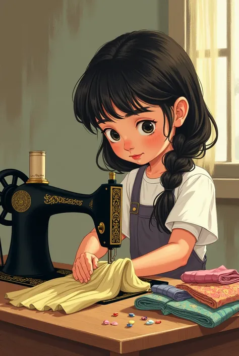 A girl diligently sews fabric using an antique sewing machine, next to her is a pile of colorful and patterned fabric, the picture is simple and easy to draw