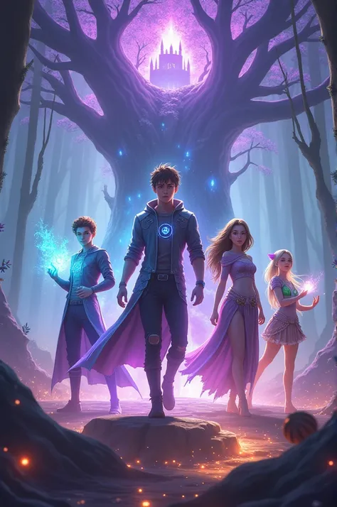 "A grand fantasy book cover featuring four main characters:

1. A young man with brown hair and glowing blue eyes holding glowing blue energy in his hands, wearing a futuristic tech outfit, standing with his back turned and looking to the side.

2. A myste...