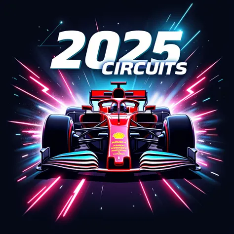 creative,black background,realistic,futuristic,bold,energetic motorsport-themed t-shirt graphic featuring a detailed dynamic red-white-blue Formula 1 car top center.Place futuristic sporty text 2025 CIRCUITS in large 3D block font at the top above car.make...