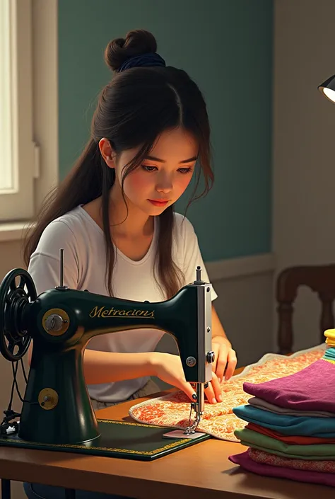 A girl diligently sews fabric using an antique sewing machine, next to her is a pile of colorful and patterned fabric