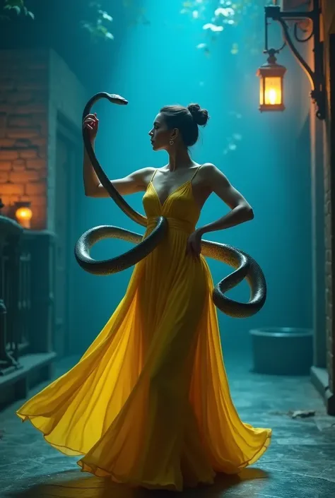 "A visually stunning cinematic scene of a woman in a flowing yellow dress, dancing with elegance and poise as a large, intricately textured snake coils gracefully around her torso and arms. The background is shrouded in a dimly lit bluish hue, with a soft,...