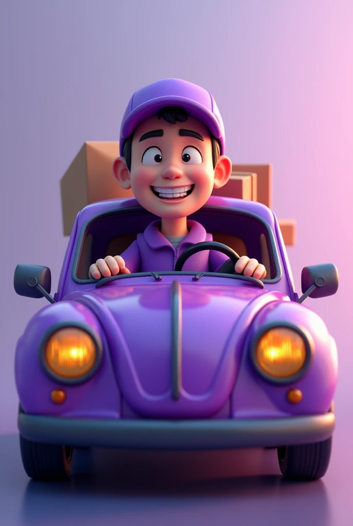 4D image of a courier man, smiling, in a purple car, wearing a purple hat, purple jacket, carrying goods in the back, car facing the camera, face visible, purple gradient backround