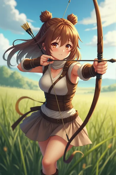  top quality,  Highest Masterpiece,  highest resolution， brown_ hair color，Two knots_Hairstyle， （grassland_background），smug face， woman holding a bow and arrow，armor，naked， anime style, （4K）, Alone， ((whole body)) ，  looking at camera,  Hyper Details , ( i...