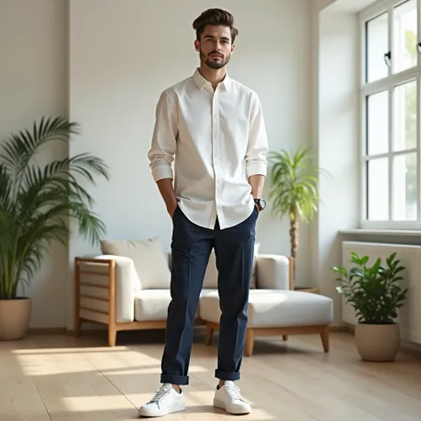 A hyper-realistic portrait of a 20-year-old Italian man with a light brown pompadour hairstyle, modeling a clean, minimalist outfit from Uniqlo’s latest collection. He is dressed in a contemporary, well-crafted ensemble that combines simplicity with refine...