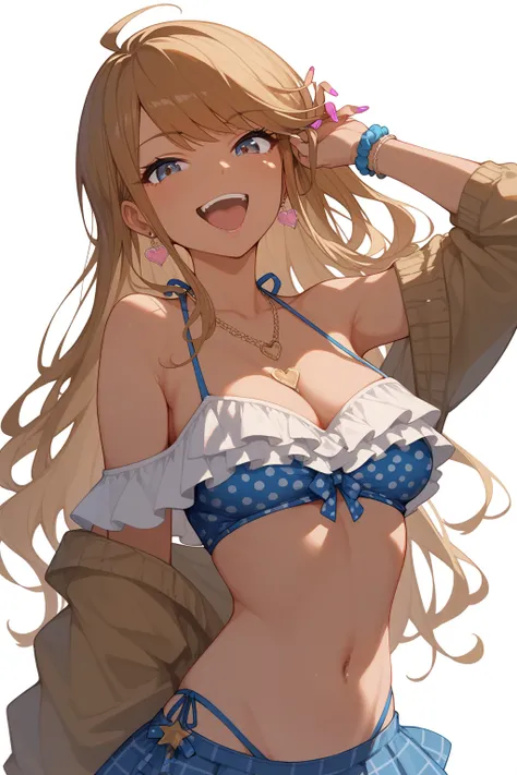 1girl, solo,
mgmtkr, medium breasts, long hair,
gyaru, white background, simple background, 
long hair, brown hair, 
swimsuit, bikini, frill, frill bikini top, off shoulder,
(masterpiece、Highest quality、Very detailed)), One girl, looking viewer, Having a s...