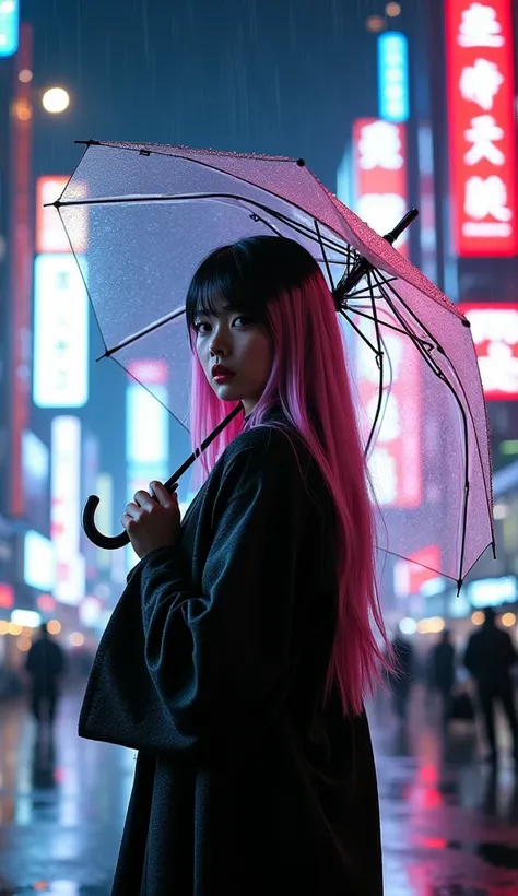 A stunning neon-lit scene of a beautiful korean woman she is little chubby and looking at the camera standing confidently under the rain-soaked streets of Tokyo. long black mixed pink hairstyle. She wears a black futuristic modern kimono, skillfully layere...