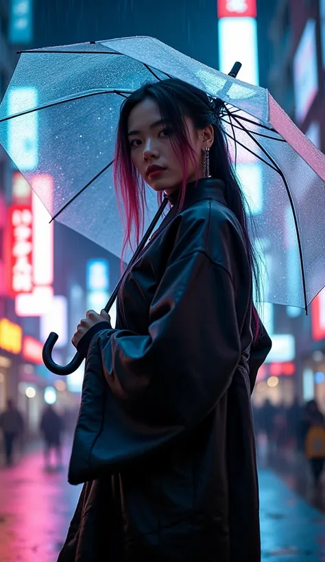 A stunning neon-lit scene of a beautiful korean woman she is little chubby and looking at the camera standing confidently under the rain-soaked streets of Tokyo. long black mixed pink hairstyle. She wears a black futuristic modern kimono, skillfully layere...