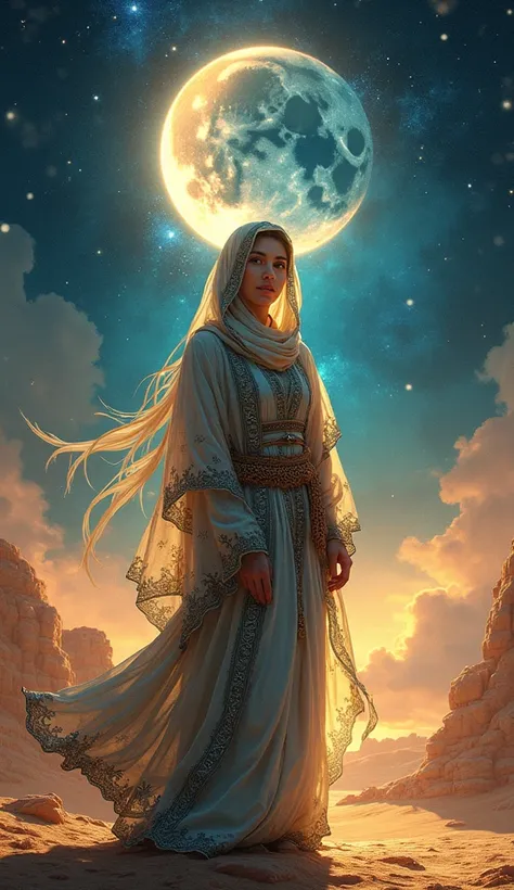 Create a surreal very realistic high details masterpiece capturing the essence of the New Moon in Scorpio. The scene should be a hand-drawn marvel with 32k resolution, featuring a full-body figure of an Arabian modest, cute woman standing realistic details...