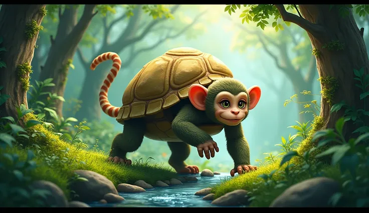 Create hybrid picture of monkey and turtle in forest 4k result