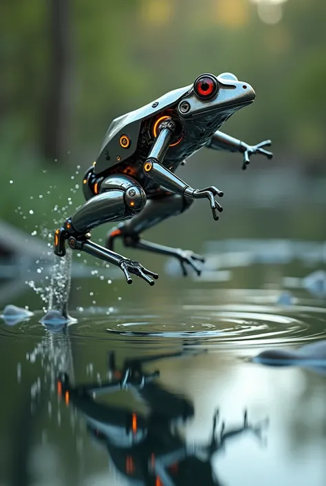  A realistic real frog perfect cyborg, jumping into a glass pond 