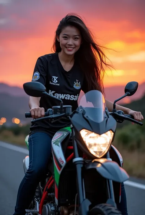 A young, beautiful Asian woman riding a sleek Kawasaki klx250r dirt bike green color motorcycle with triangle headlights, wearing Newcastle united jersey. She has a fit, toned physique and long, dark hair that flows slightly in the breeze. The woman is con...