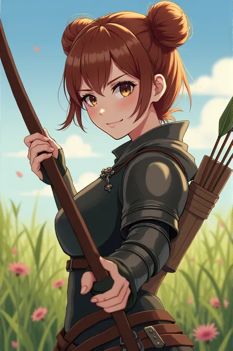  top quality,  Highest Masterpiece,  highest resolution， brown_ hair color，Two knots_Hairstyle， （grassland_background），smug face， woman holding a bow and arrow，armor， Anime Style, （4K）, Alone， ((whole body)) ，  looking at camera,  Hyper Details , ( intrica...