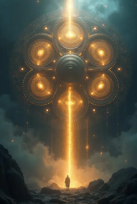 "An awe-inspiring depiction of the Ophanim as described in the Bible, set against a dark, smoky background that adds an air of mystery and reverence. The celestial being is formed of enormous wheels within wheels, each intricately detailed and rotating in ...