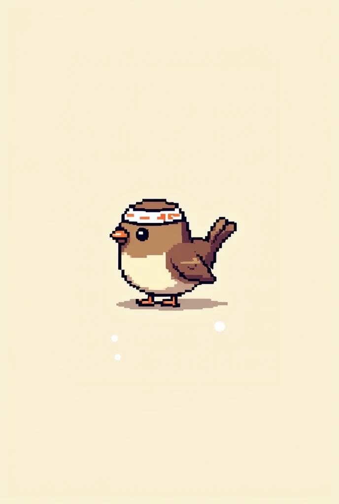 A small, cute Japanese sparrow wearing a traditional Hachimaki headband, designed in 64x64 pixel art style, facing right as if in a side-scrolling game, centered and slightly raised. The sparrows wings are static but positioned to appear mid-air, with a cl...