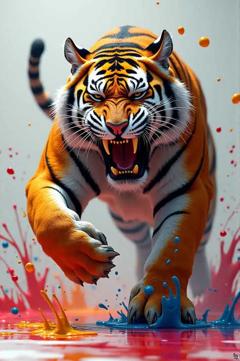 closeup image. 3D paint painting of a tiger jumping about to pounce. Its mouth is gaping. The body of the tiger image is full of melted colorful paint and splashes are everywhere. It looks real and original. The image quality is sharp and detailed. The bac...