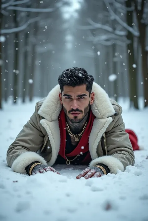 Lying face down in a forest with lots of trees in the snow as snowflakes fall into the air. Wearing a furry white and red Christmas trench coat with red Christmas pants with a black belt and accessories. Perfect young man of 18 years old, rude and handsome...