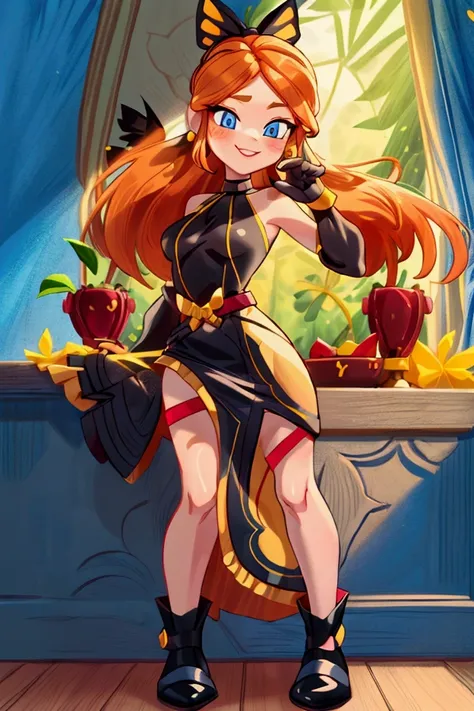 "Masterpiece, best quality, 1 girl, orange long hair, ponytail in hair, blue eyes, standing indoors with intricate details and sunlight. black and yellow frilled dress with short neckline, black gloves, black butterfly belt, earrings, black boots. Sweet sm...