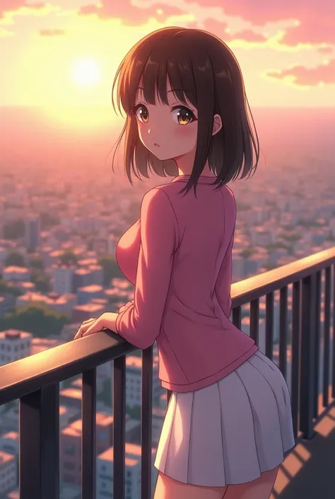 Anime mature girl with pink shirt and white short skirt have medium breast is leaning on the railing and looking to the camera. Under the railing is city at morning