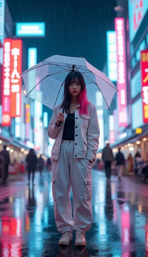 A stunning neon-lit scene of a beautiful korean woman  chubby and looking at the camera standing confidently under the rain-soaked streets of Tokyo. long black mixed pink hairstyle. she wears a white jean jacket and white cargo pants and holds a transparen...