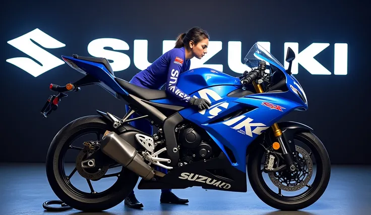 New model 2025 Suzuki GSX R1000R motor bike, a large logo on the backwall,An opening ceremony of bike is being held and a beautiful woman and a handsome man are putting logo clothes on complete the bike , bike are covering with the Honda Logo cloth