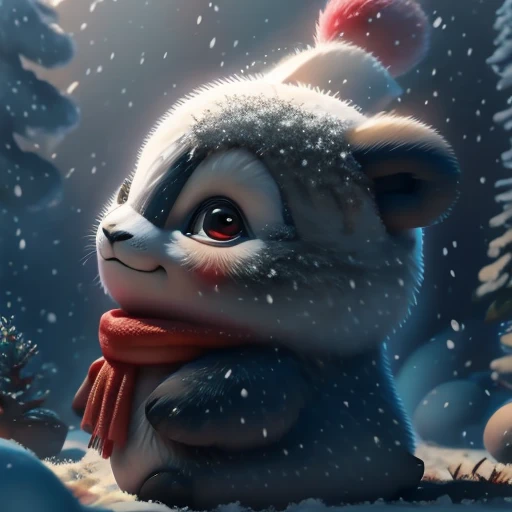 A playful snow-covered landscape with a panda transformed into a snowman. The panda’s body is made of large snowballs, with its iconic black ears, eyes, and arms sticking out of the snow. The panda-snowman is wearing a red scarf and a small black top hat, ...