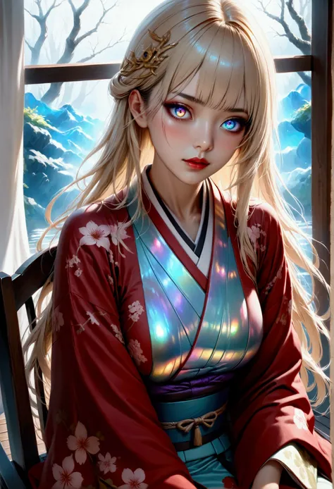 (masterpiece, aesthetic, detailed eyes, realistic), 1girl, mahiru shiina, angel next door spoils me rotten, Long smooth straight golden hair, inner dark iridescent hair, iridescent eyes, aesthetic physique, sitting in chair in japanese clothes, super detai...