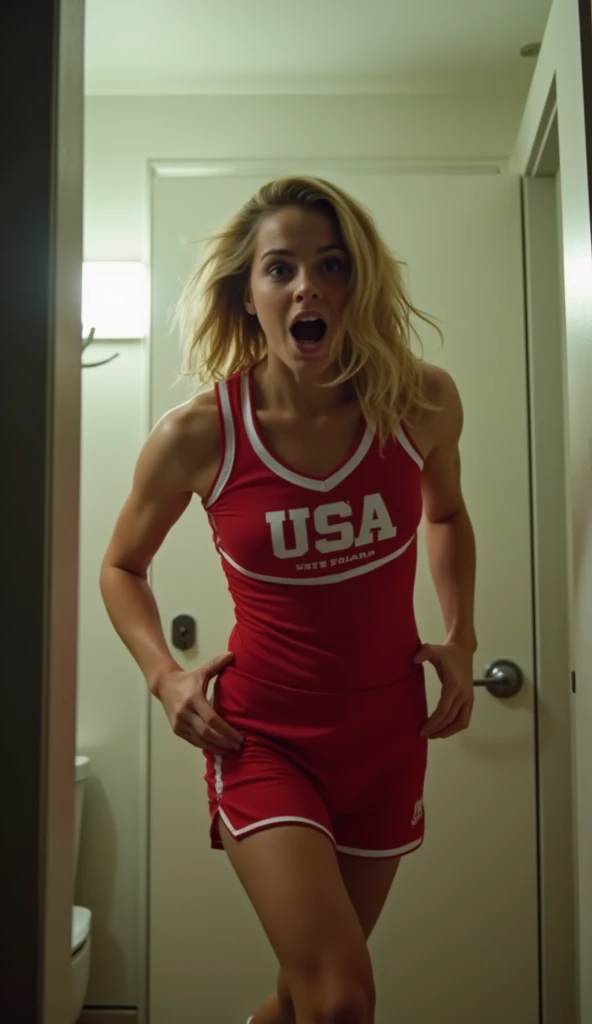  a 16-year-old woman in a white cheerleader uniform， looks like the captain of the US NBA cheerleader ，Faithe Herman。 blonde hair，Wearing a red cheerleader uniform ，Storming into the bathroom ， to take a picture of her panicking from the side 