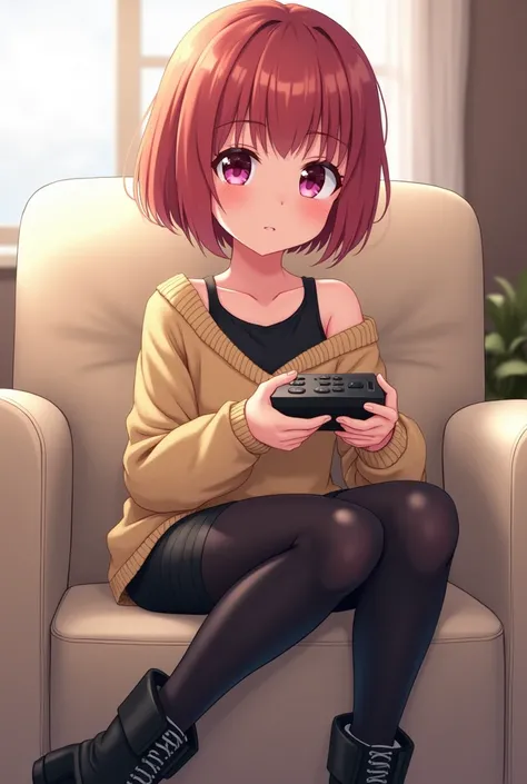 Anime styled girl .  has short reddish hair ,  with big, expressive eyes of pink color or similar .  She wears a beige knitted sweater that leaves an uncovered shoulder ,  underneath wears a black t-shirt .  Her legs are covered by shiny black leggings ,  ...