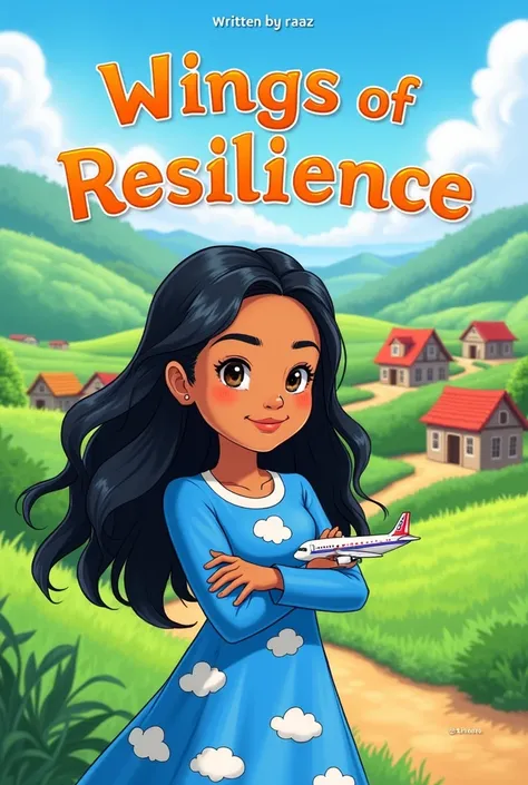 "A colorful cover illustration featuring a determined girl with long, flowing black hair and bright brown eyes, standing confidently in front of a small village with traditional houses and green fields. She is wearing a bright blue dress adorned with cloud...