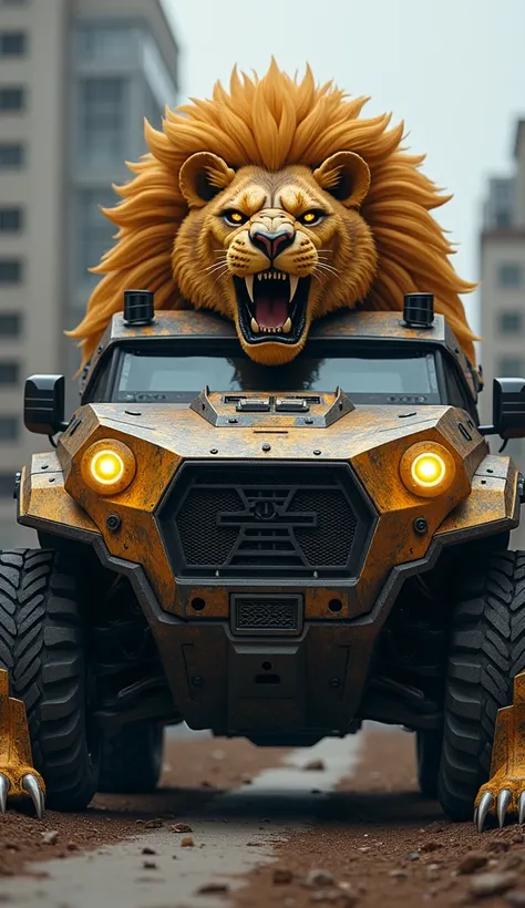 Lion and Armored Car Fusion: A fierce armored car with a lion’s roaring face as its hood ornament, retractable claws, and a golden mane-like design on the roof.