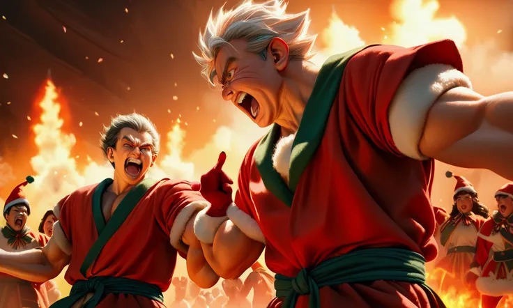 a fierce battle between goku and santa claus in santas village, elves cheering, epic dragon ball z style ki flames and energy, highly detailed, 8k, photorealistic, masterpiece, dramatic lighting, vibrant colors, intense action scene