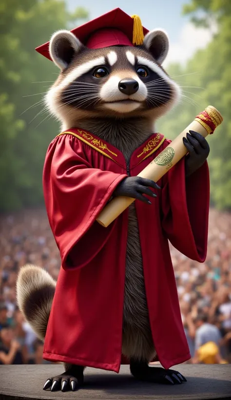 A raccoon wearing a red bachelors gown stood on a large outdoor stage to receive his diploma. There were many people around to congratulate him.