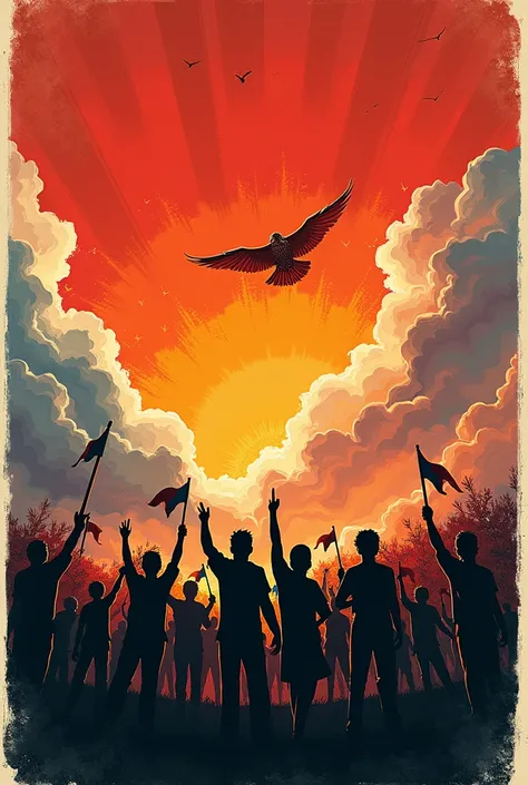 Art posters with texts, Aesthetically pleasing contrasts are layered on the background. highlighting revolutionary movements and protests in Southeast Asia, showing uprisings, independence declarations, and symbolic events of resistance. The dawn of a new ...