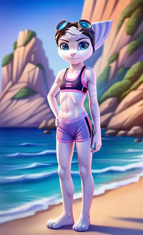 Rivet, tail, furry girl, 1girl, solo, young, pink sport shorts, pink sport bra, ocean background, standing, detailed body fur, detailed body, detailed eyes, detailed face, athletic, skinny, high quality, masterpiece, small breasts, goggles, looking at you,...