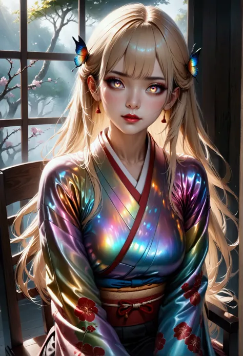 (masterpiece, aesthetic, detailed eyes, realistic), 1girl, mahiru shiina, angel next door spoils me rotten, Long smooth straight golden hair, inner dark iridescent hair, iridescent eyes, aesthetic physique, sitting in chair in japanese clothes, super detai...