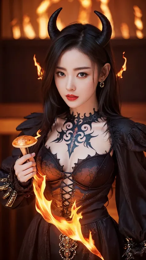   high definition,   anatomically correct ,   ultra high resolution ,   the texture around his chest 、woman、(( Black horns grow on the head )),   Big Chest in a Temple 、((( the composition of the moment fire emits magic in a fantasy world))), Muscular、((Th...