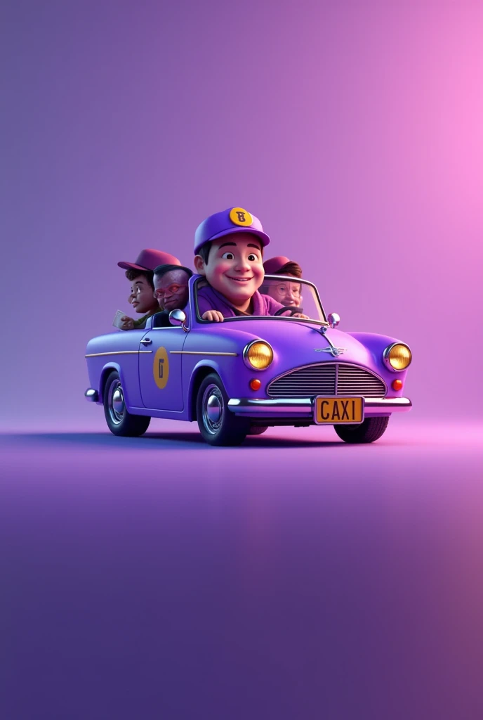 4d image of man, smiling, in a purple car taxi, wearing a purple hat, purple jacket, carrying passengers, car facing the camera, face visible, purple gradient backround