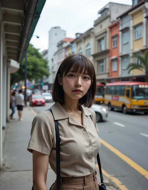 documentary photo in 1980, ultra-realistic, photorealistic, dramatic scene, shadow, global-illumination, solo, (teenage Japanese girl:1.5), very beautiful fragile Japanese girl, very beautiful with very cute but boyish cool face, (very large breasts), slim...