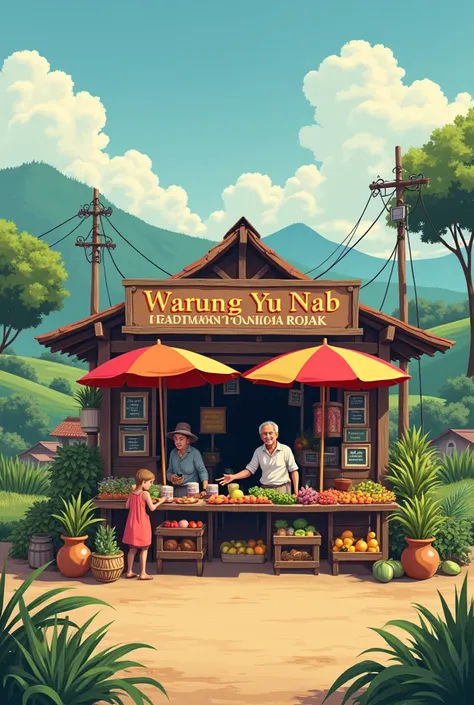 make pictures of vegetable rujak stalls in the countryside in ancient times accompanied by the name of warung yu nab with cool village atmosphere and beautiful horizontal shape 