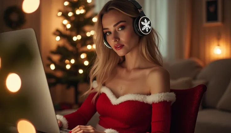 A stunning Scandinavian woman sits at her streaming desk, surrounded by soft, flickering Christmas lights. She wears a tight, red Santa crop top with faux fur trim around the neckline, paired with a matching, high-waisted velvet skirt. Her snowflake-themed...