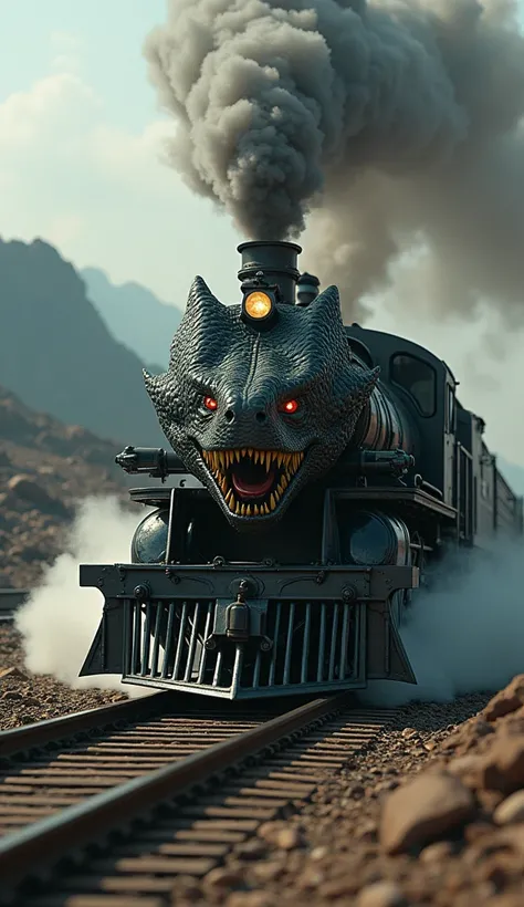 Snake and Train Fusion: A slithering locomotive with a serpent-like body, fangs as the engine’s grille, and venomous smoke billowing from the chimney.