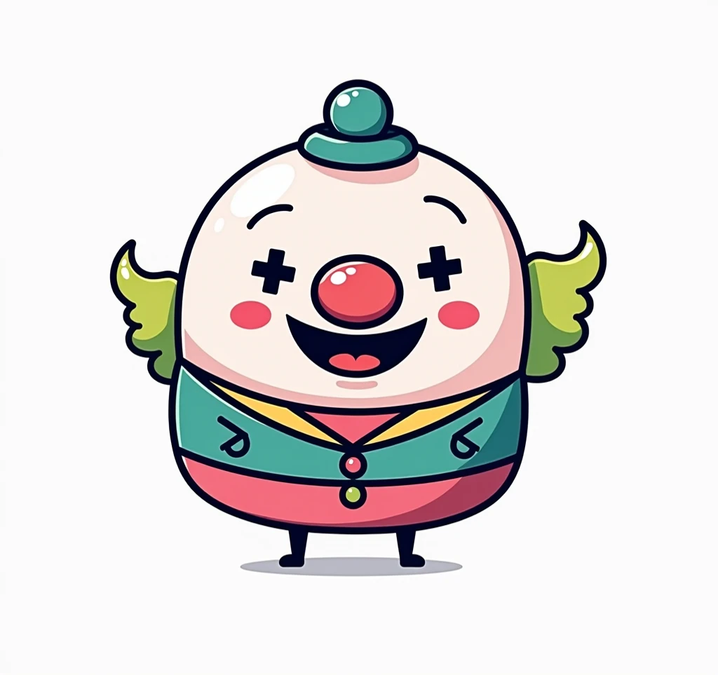 A cartoonish clown character, centrally positioned on a white background. The clown is a light pink, round shape with exaggerated features. It wears a teal-colored suit jacket and pink pants.  A teal-colored hat sits atop its head.  The clown has a large, ...