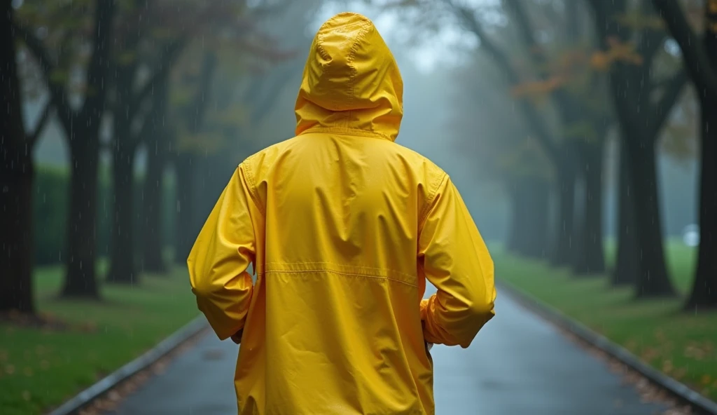 ((picture taken from the front)) running, park, wearing a yellow hoodie raincoat, getting caught in the rain, looking wet.