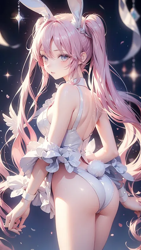 ((masterpiece)), (Highest quality))),Anime Style, Woman with bunny ears and a tail, With rabbit tail, With rabbit ears, (Very delicate and beautiful face), (Beautiful eyes in every detail), from behind, shy blush, teasing ass, perfect sexy body, Girl Desig...