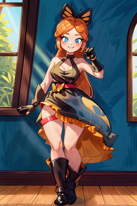 "Masterpiece, best quality, 1 girl, orange long hair, ponytail in hair, blue eyes, standing indoors with intricate details and sunlight. black and yellow frilled dress with short neckline, black gloves, black butterfly belt, earrings, black boots. Sweet sm...