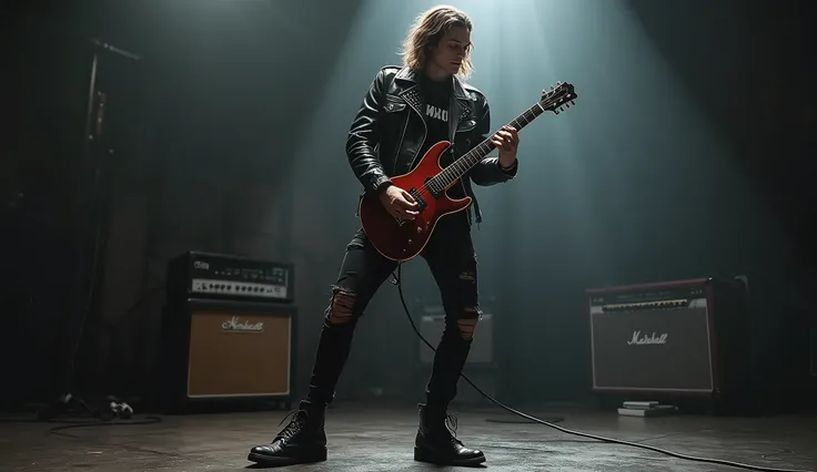 A stylish young man with a rockstar appearance playing an electric guitar in a dark, empty room. He is wearing a black leather jacket adorned with studs, a band T-shirt, ripped skinny jeans, and combat boots. His long, tousled hair and confident expression...